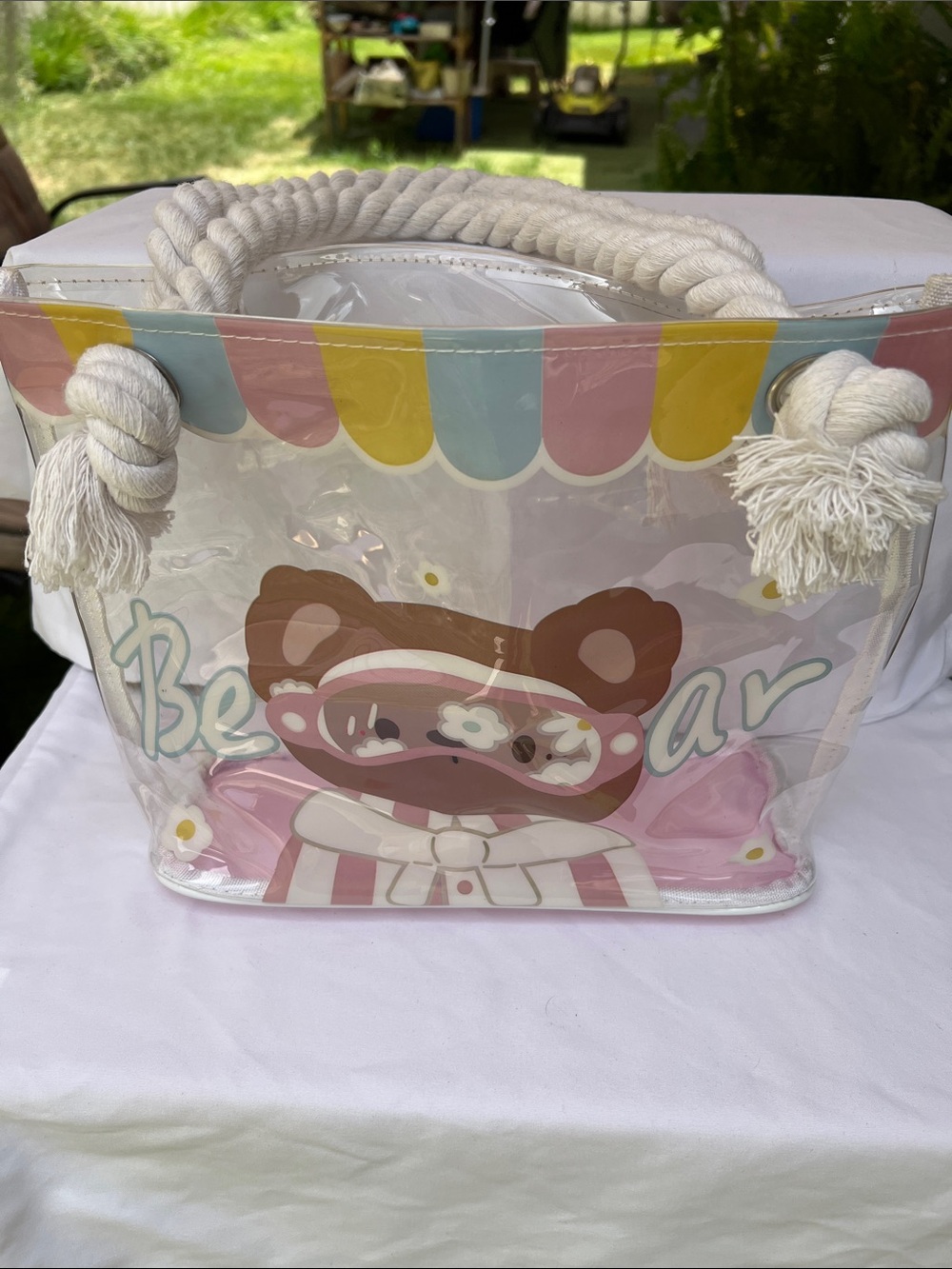 Cute Clear Bear Tote Bag with Rope Handles - Pink Accent